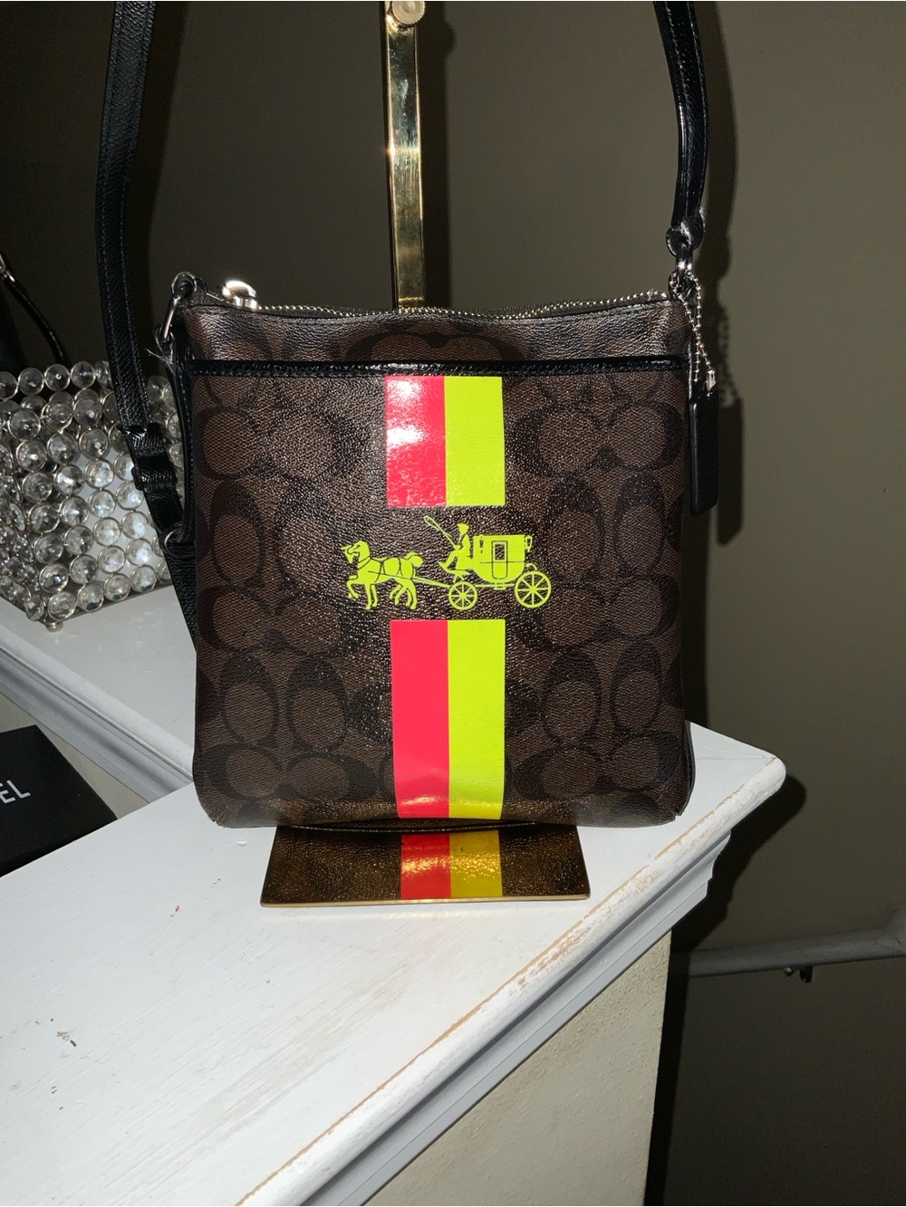 Coach Brown Signature Crossbody with Pink and Neon Yellow Stripes